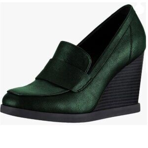 YDN Dark Green Pump Square Toe Slip On Loafers Wedges High Heeled Business Shoes